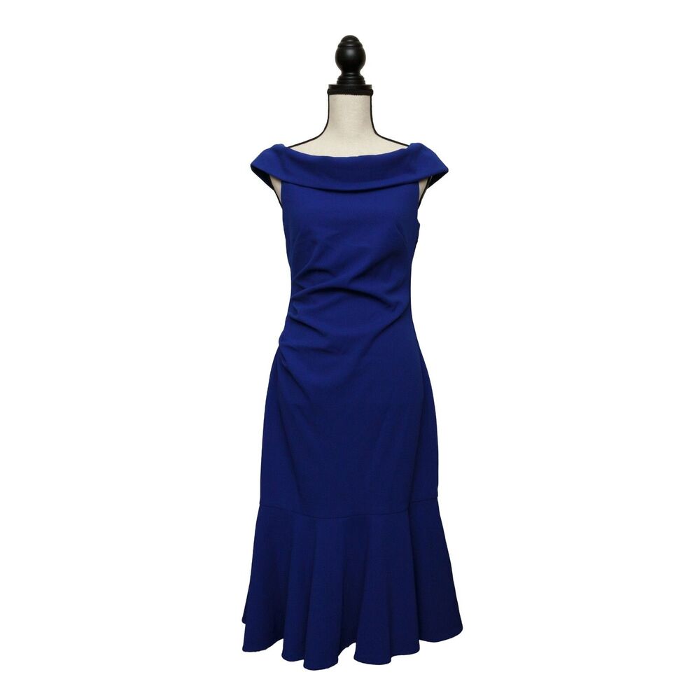Vince Camuto Off the Shoulder Cocktail Flounced Crepe Dress - Royal Blue - Sz 8
